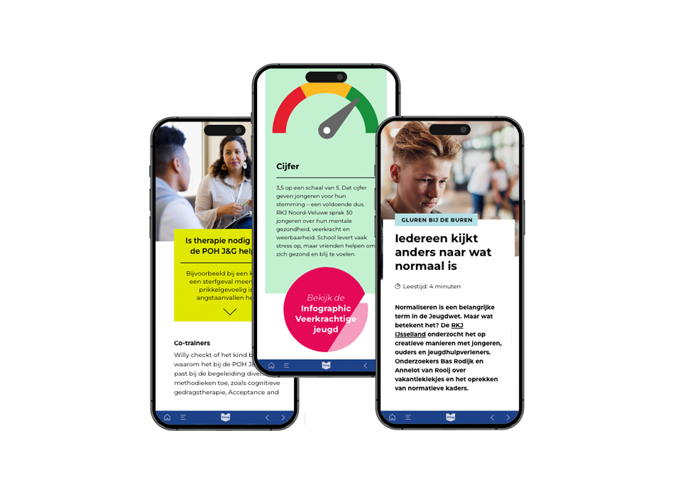 Drie smartphones tonen pagina's van een Nederlandstalig online magazine over gezondheid. De schermen tonen interviews, een peilgrafiek, gemarkeerde tekstvakken in geel en roze, foto's van mensen in een hulpverleningssetting en informatieve inhoud over jeugd en normaliteit.