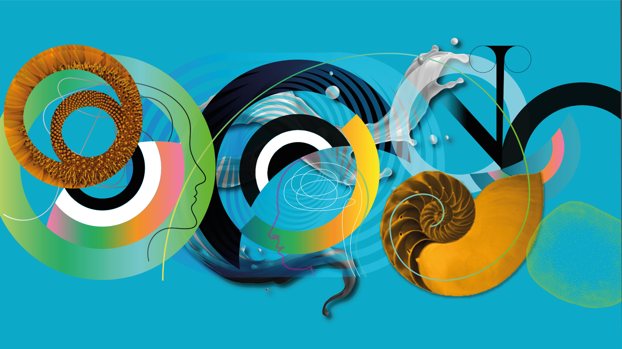 Een levendige abstracte illustratie op een blauwe achtergrond bevat ronde vormen, nautilusschelpen, overlappende lijnen, profielsilhouetten en dynamische swooshes in oranje, geel, zwart en groenblauw - een mix van organische en geometrische vormen met wervelende energie.