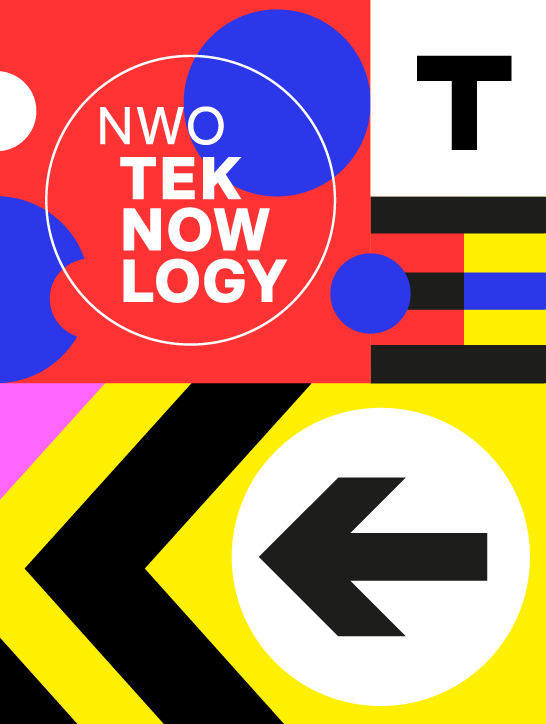 Gedurfde abstracte graphic met event branding: linksboven "NWO TEKNOWLOGY" in witte tekst op rood met blauwe cirkels; rechtsboven een grote zwarte "T" en lijnen op wit; linksonder zwarte chevrons op geel; rechtsonder een zwarte pijl naar links in een witte cirkel.