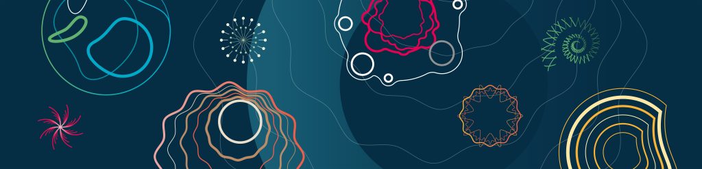 Abstracte digitale illustraties met kleurrijke, golvende en cirkelvormige lijnvormen op een donkerblauwe achtergrond. De vormen doen denken aan wetenschappelijke of microscopische beelden, met groenblauwe, oranje, roze, gele en witte lijnen die een dynamische, energieke compositie creëren.